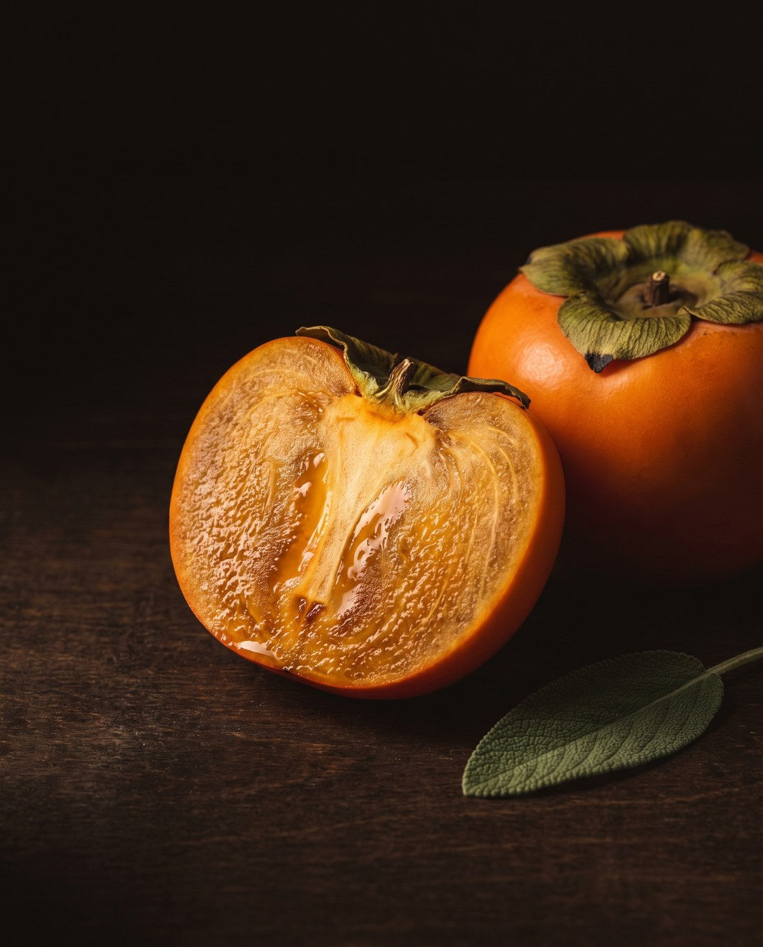 Persimmon (kaki) fruit, cut in half